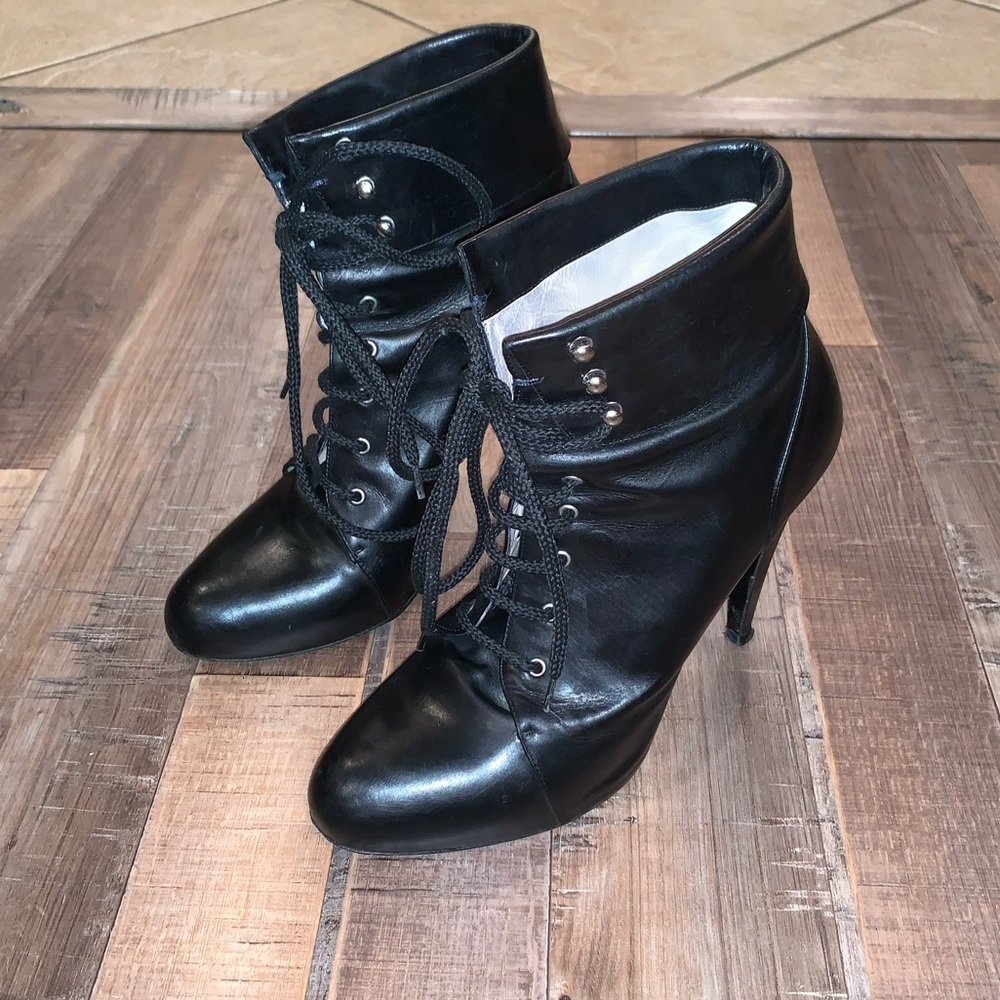 Flavio Castellani Black Lace Up Rounded Toe Stiletto Leather Booties Italian 9